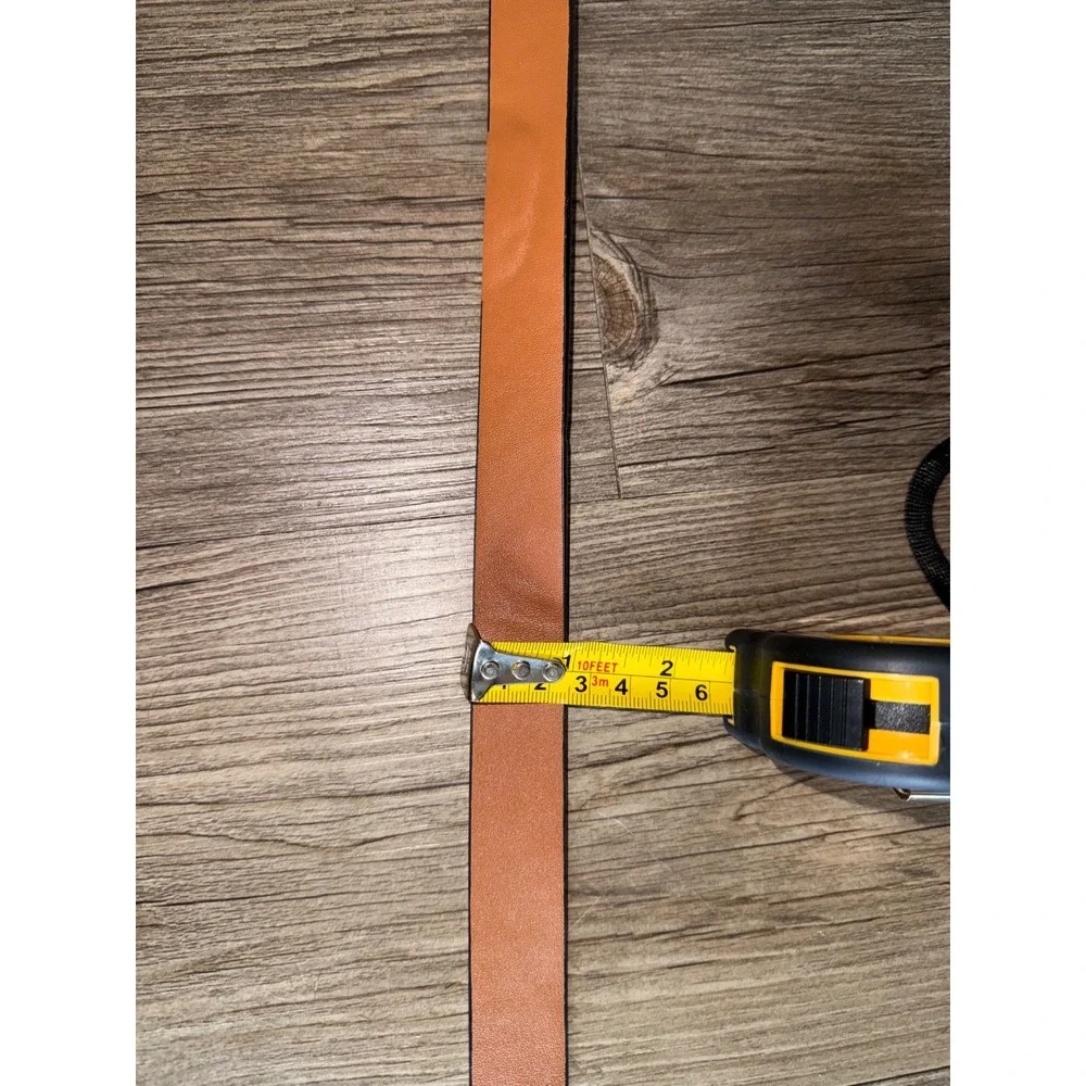 Womens Reversible Belt Tan Black Faux Leather Gold Rectangular Buckle Slim 48in